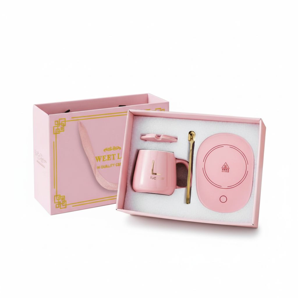 Ceramic Coffee Cup With Pad Warmer In Gift Box Pink
