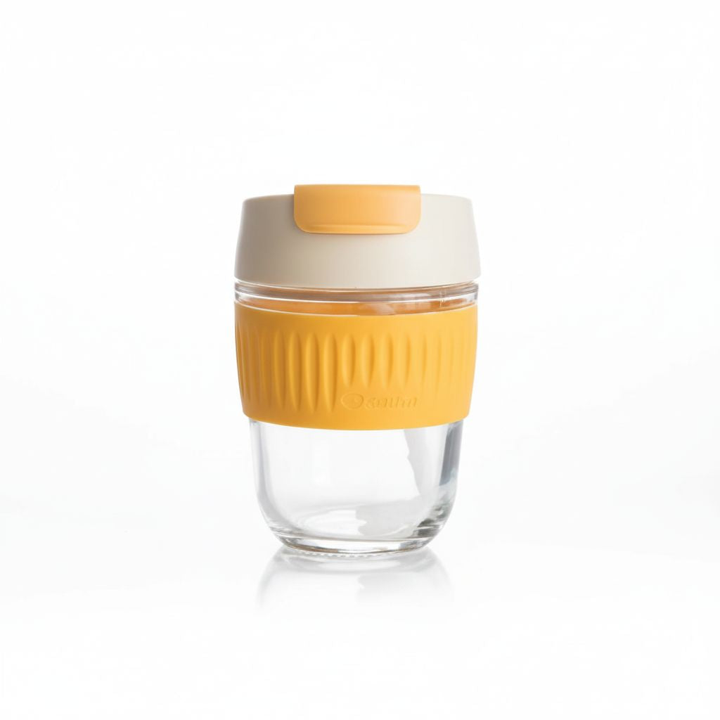 Glass Coffee Cup W/Straw Yellow