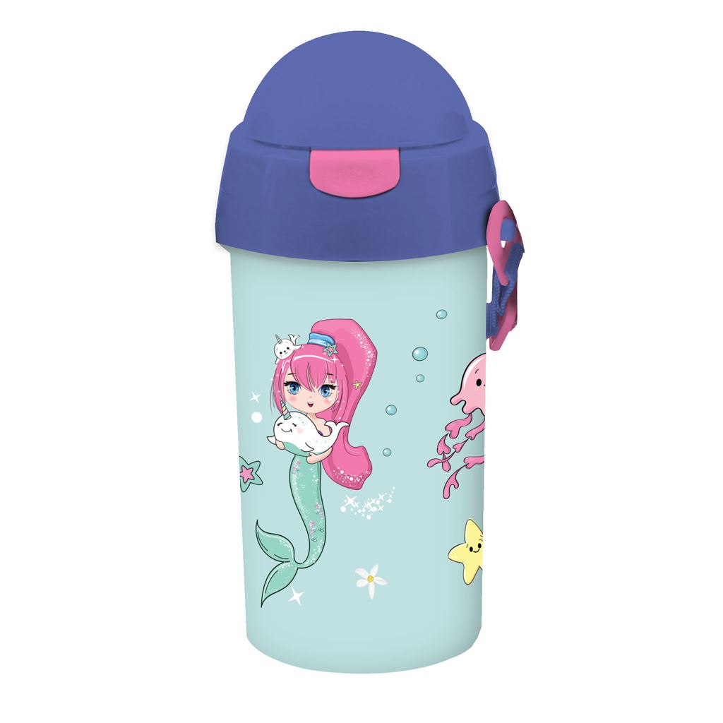 Plastic Water Bottle Pp 500Ml With Straw Mermaid Time