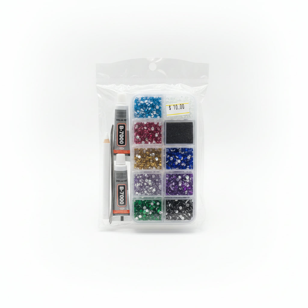 Bedazzling kit 10 colors +2 Glues+white pencil + tweezers