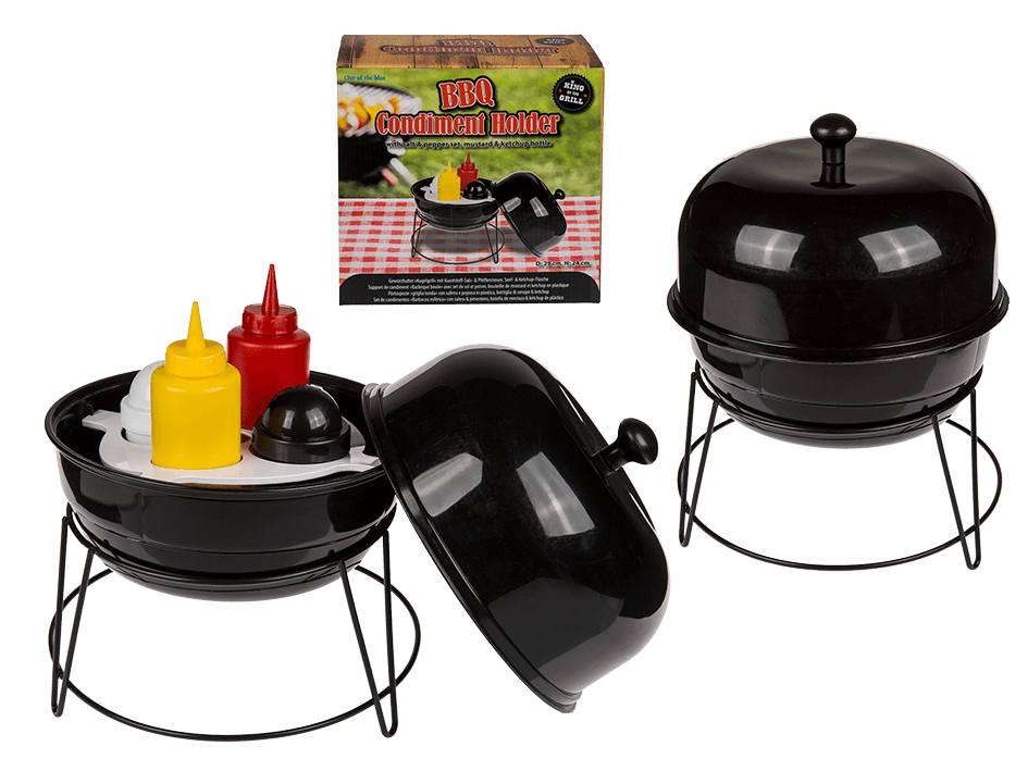 Condiment Holder, Kettle Bbq, With Plastic Salt &amp; Pepper Set, Mustard &amp; Ketchup Bottle