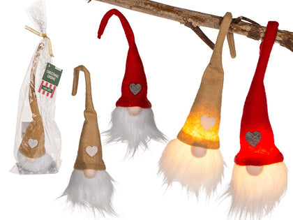 Fabric Christmas gnome with LED (incl. battery), for hanging, ca. 26 x 5 cm, red & beige ass.