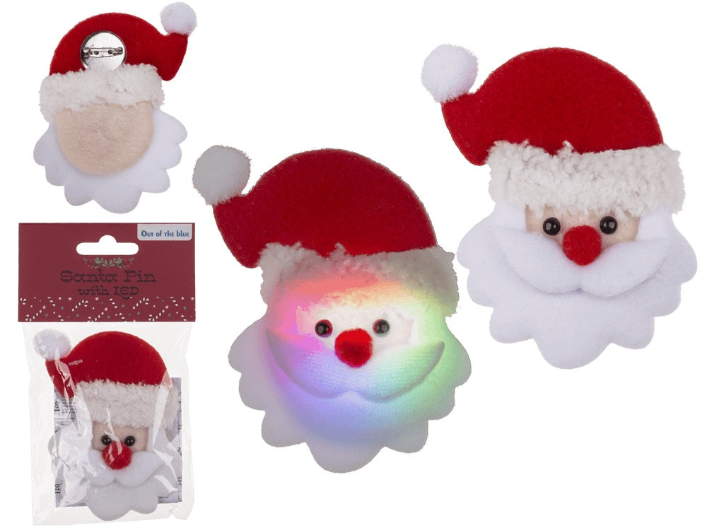 Fabric Santa pin with LED incl. batteries, ca. 11, 5 x 8 cm, in polybag with header card