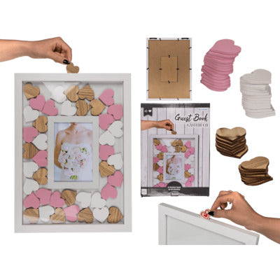 Guest Book In Picture Frame 10 X 15 Cm - 42 Writable Wooden Hearts(3 Colours 38 X 28 Cm)