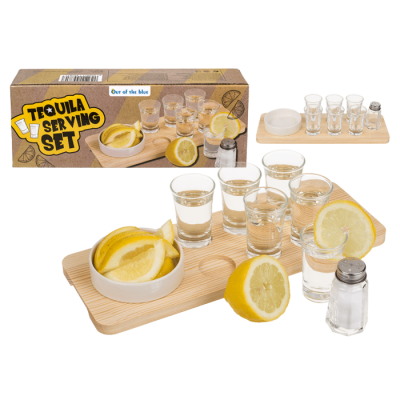 Shot Glass Set Of 9 With 1 Salt Shaker, 1 Stoneware Bowl And 1 Wooden Tray