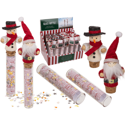 Glass Bottle With Cork Stopper Snow Man And Santa