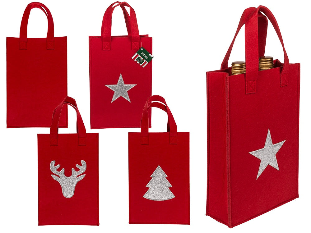 Red  gift bag, X-mas Greetings, felt material, ca; 20 x 8 x 30 cm, 3 assorted