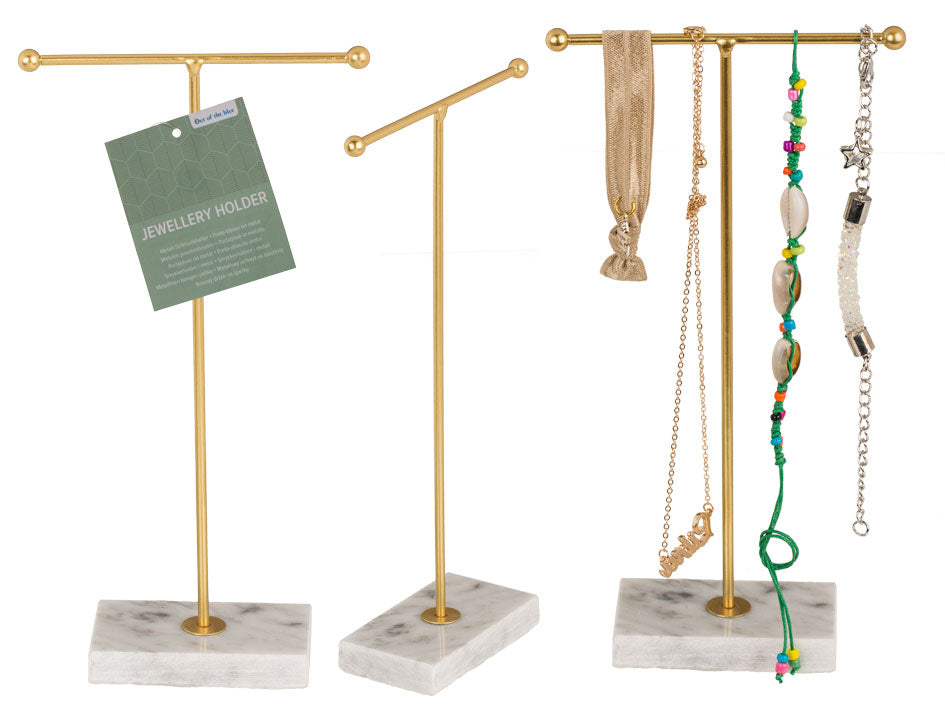 Golden Metal Jewellery Holder T-Bar With Marble Stand 12 X 5 X 23 Cm