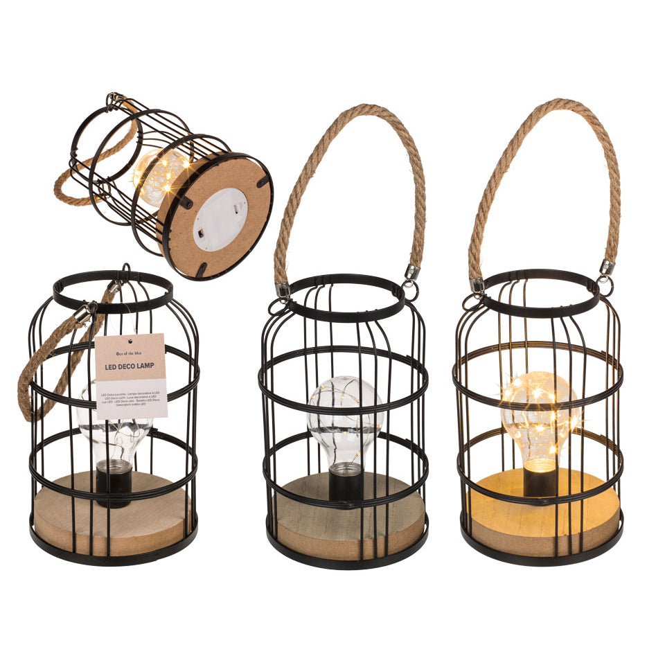 Black Decoration Lamp With 10 Led, Wooden Base And Card Handle For 2 Batteries (Aaa) 13 X 13 X 20 Cm