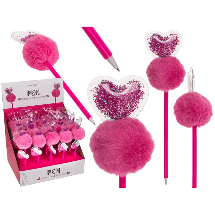 Pen Glitter Heart Pom Pom Approx 25 Cm Assorted