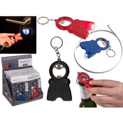 Metal Keychain Gadget Guy 3 In 1 W/Bottle Oppener, Torch & Measuring Tape Assorted