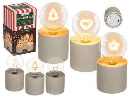 Motif light bulb, Christmas, 8,5 x 16 cm, 3 ass., cement &  plastic, for 2 Mignon batteries
