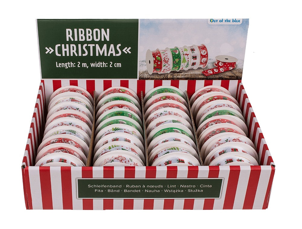 Ribbon, Christmas, polyester, 2 cm x 2 m, 6 assorted designs, 36 rolls per display