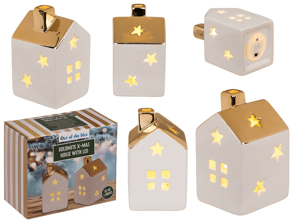 Dolomite X-mas house with LED 10 x 6 cm, incl. 3 x LR44 button cells, set of 2, in gift box