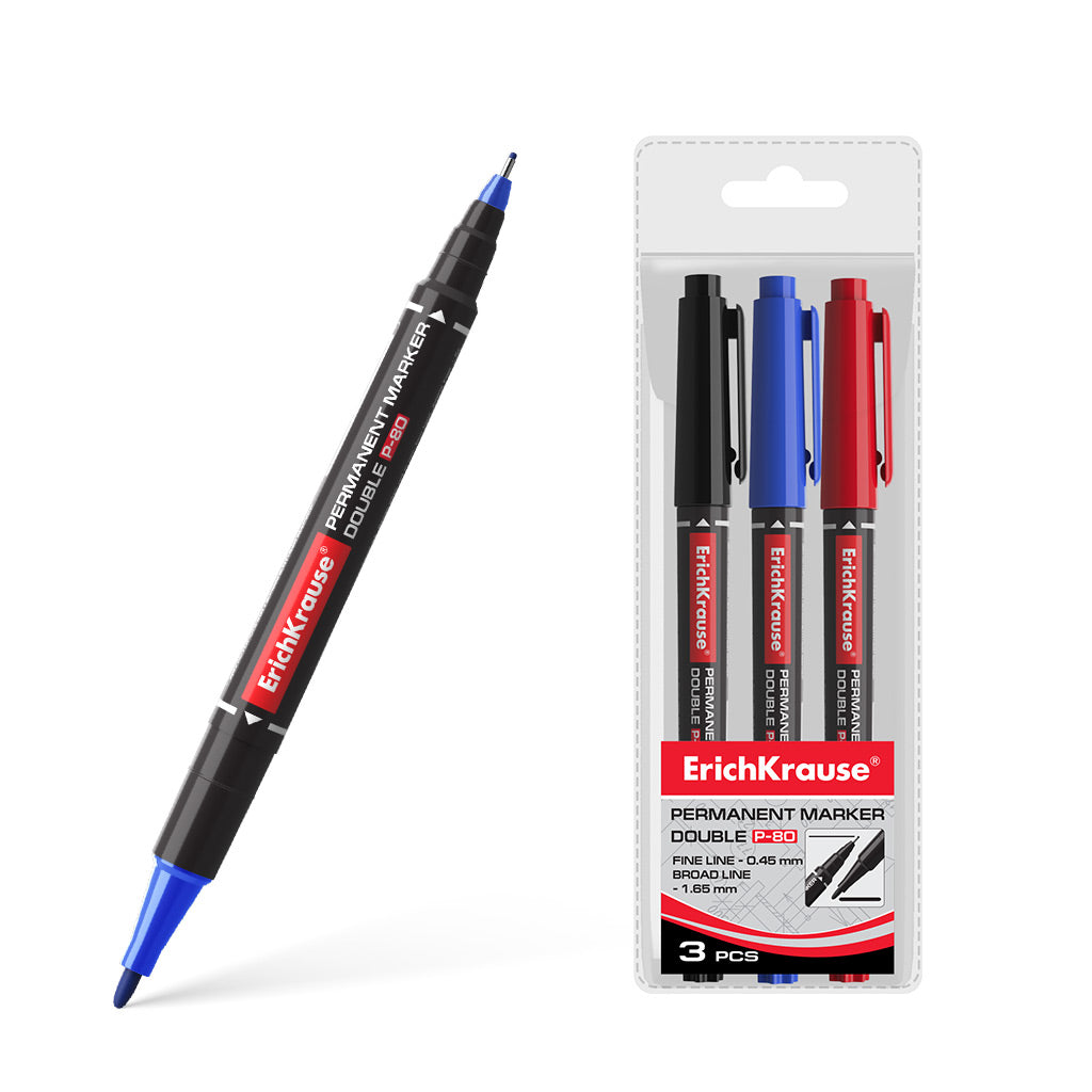 Set Of 3 Double-Sided Permanent Markers Double P-80 Black Blue Red