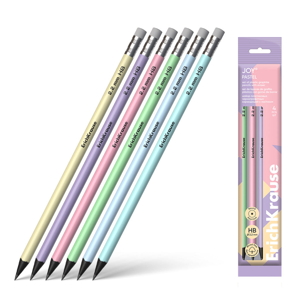 Set Of 4 Plastic Graphite Pencils Joy Pastel Round With Eraser Hb