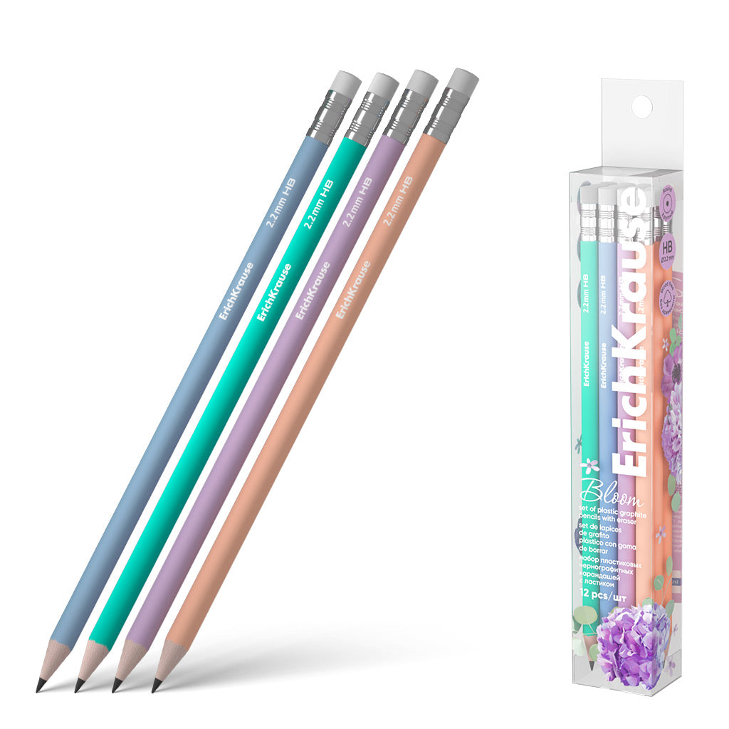 Set Of 12 Plastic Graphite Pencils Joy Pastel Bloom Round With Eraser Hb