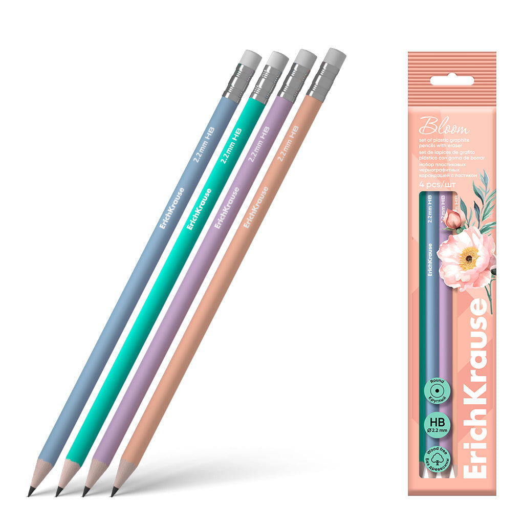 Set Of 4 Plastic Graphite Pencils Joy Pastel Bloom Round With Eraser Hb