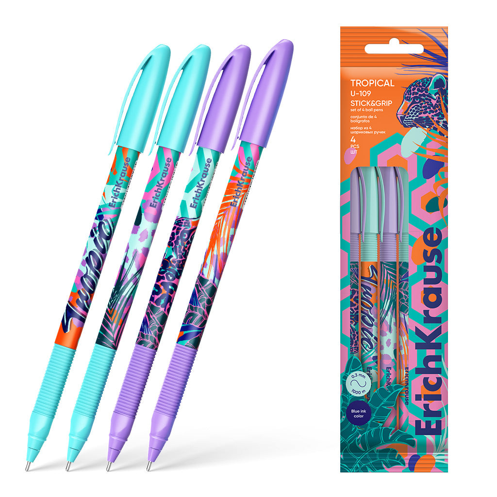 Set Of 4 Ballpoint Pens U-109 Stick&amp;Grip Tropical 1.0, Ultra Glide Technology, Blue