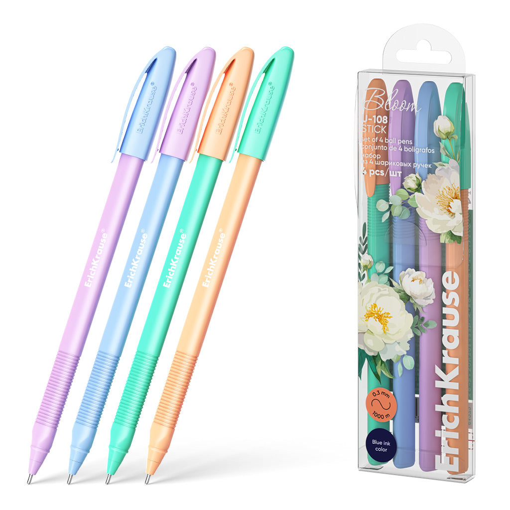 Set Of 4 Ballpoint Pens U-108 Stick Pastel Bloom 1.0 Ultra Glide Technology Blue