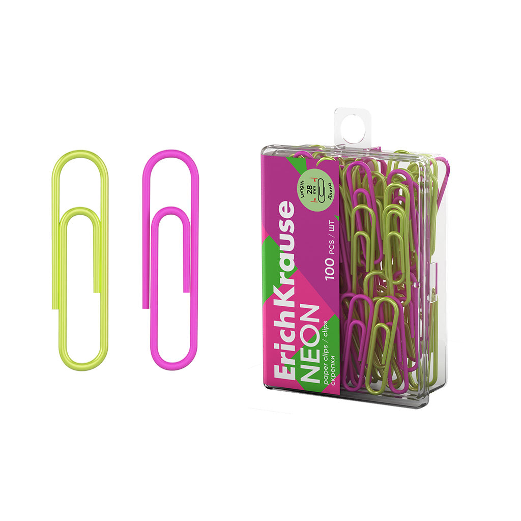 Paper Clips Vinyl Coated Neon, 28 mm, Assorted (Plastic Box 100 )