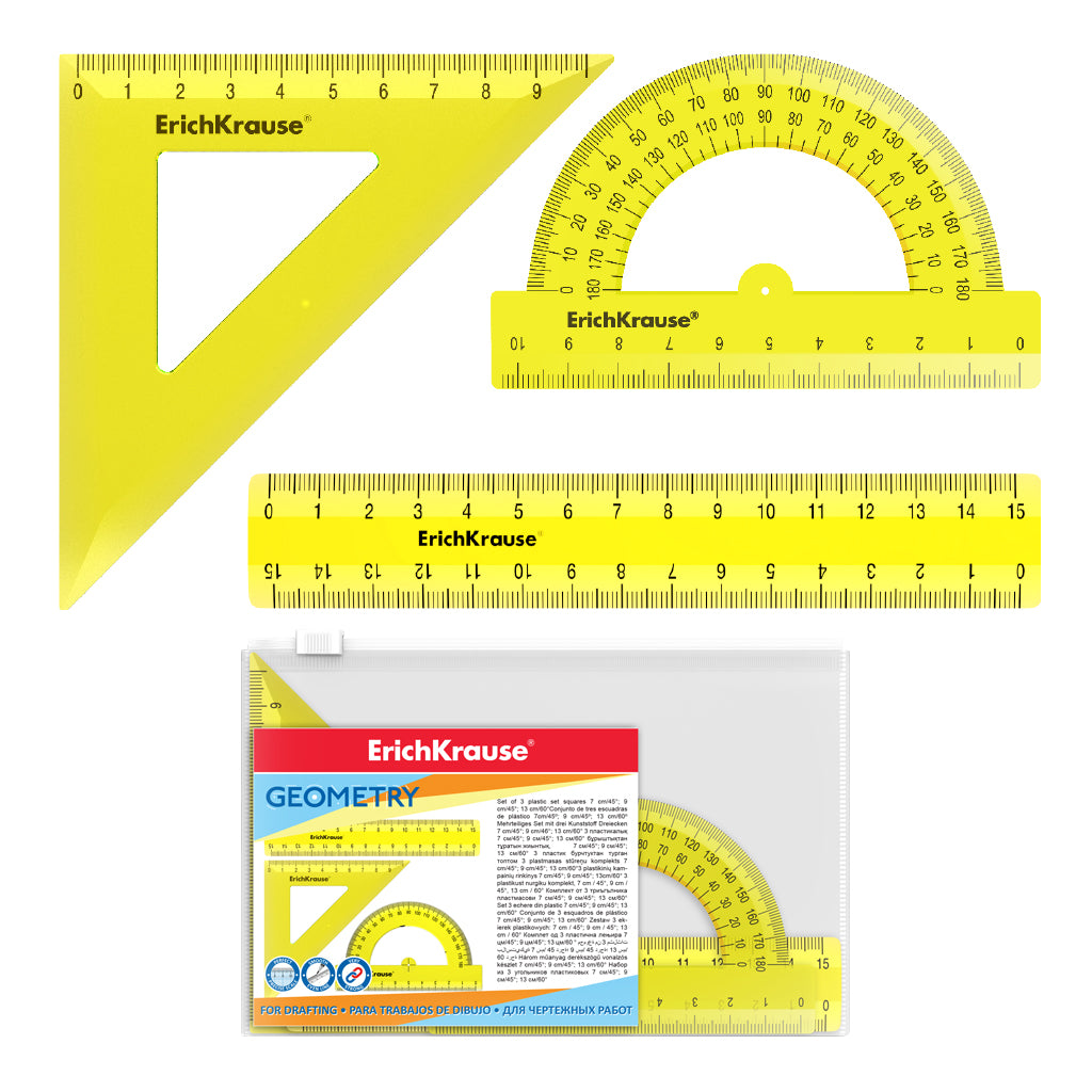 Plastic Small Geometry Set Neon (Ruler, Square, Protractor), Yellow, In Zip Pocket