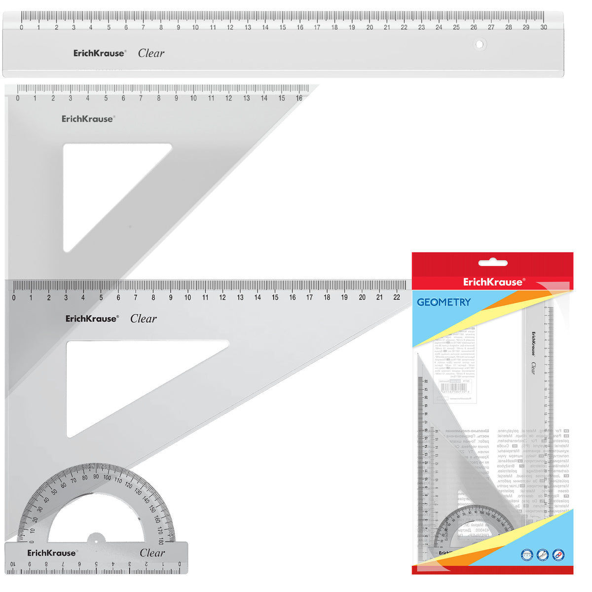 Geometry Set Clear (Ruler With A Holder 2 Set Squares Protractor) Transparent