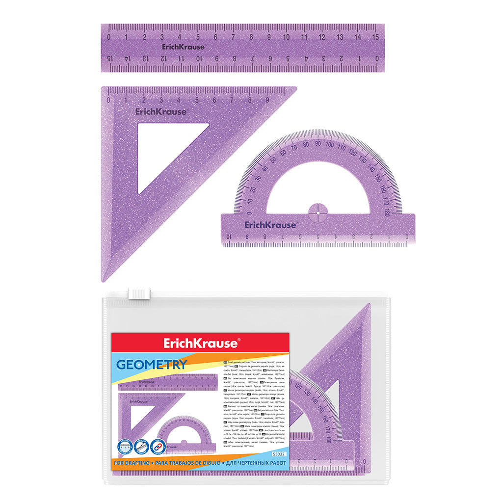 Geometry Set Glitter (Ruler, Set Square, Protractor), Lilac