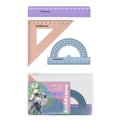 Plastic Small Geometry Set Manga (Ruler, Square, Protractor), In Zip Pocket