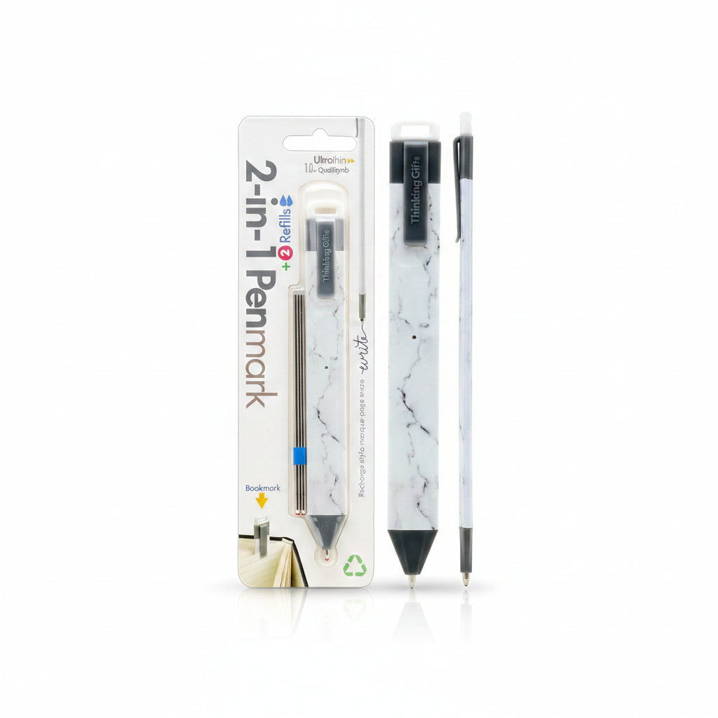 Premium Pen With Book Clip And Refills Marble Themed