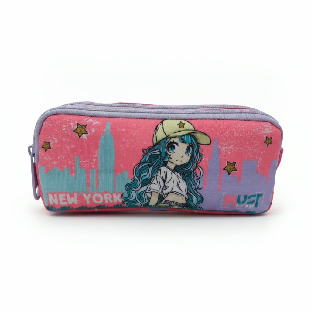 Must Team Pencil Case 2 Zippers Blue Hair Girl