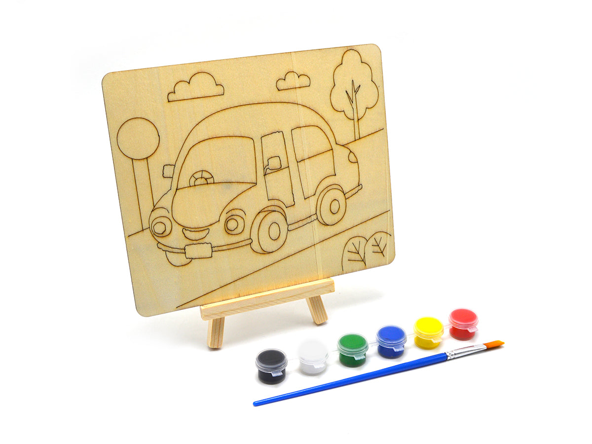 Plywood Shapes Assorted W/Chevalet + 6 Acrylic + 1 Brush