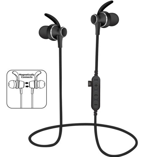 Earphones Wireless Sporty With Microphone, Micro Sd Card Reader &amp; Mp3 Magnetic Black