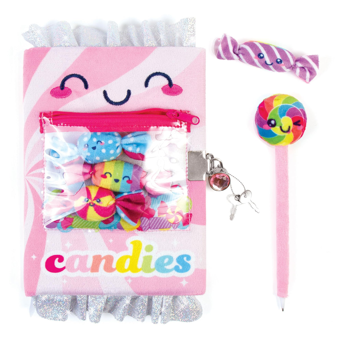 Candy Plush Pocket Locking Journal Assorted W/Pen And 4 Removable Plushies