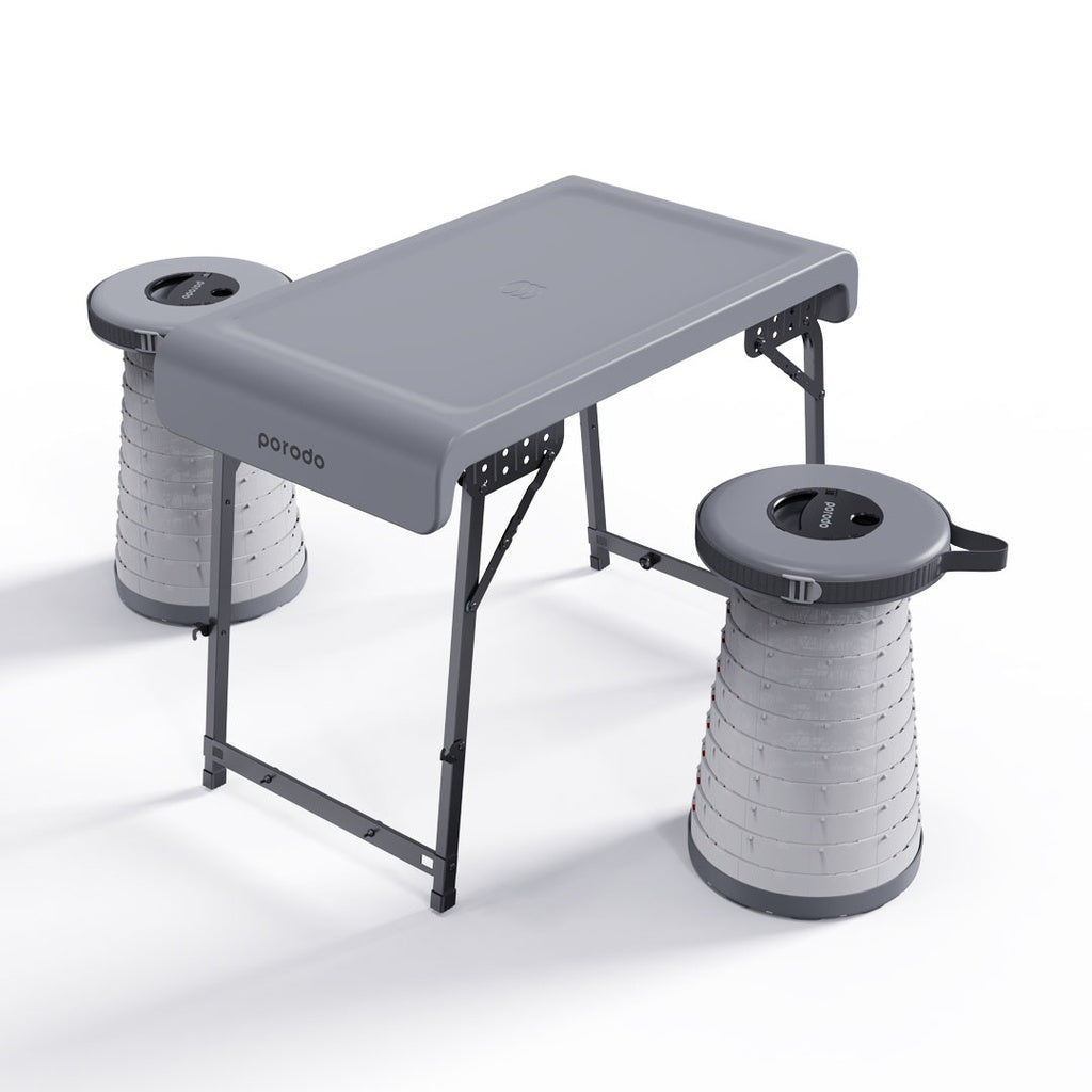 Camping Foldable Desk And Led (White/Yellow) Stool Set Grey
