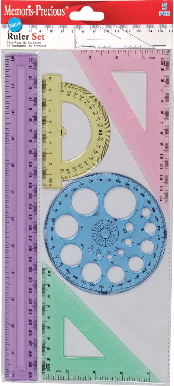 Blister Ruler Set -30Cm Ruler -45 Set Squ -60 Set Squ -180 Protrac-Circle Template Ruler