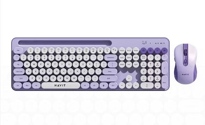 Gaming Wireless Keyboard Mechanical Round Buttons + Mouse Purple
