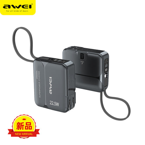 Power Bank 20000mah With Built -in Cable Black