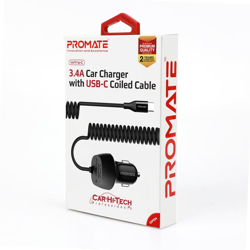 Car Charger 3.4A With Type-C Coiled Cable