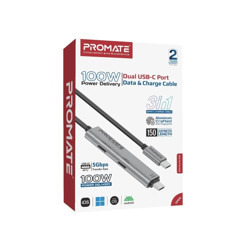Dual Usb-C Port Data &amp; Charge Cable 100W Power Delivery Grey