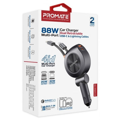 Car Charger Dual Retractable Usb-C &Lighnting Cables 88W Black