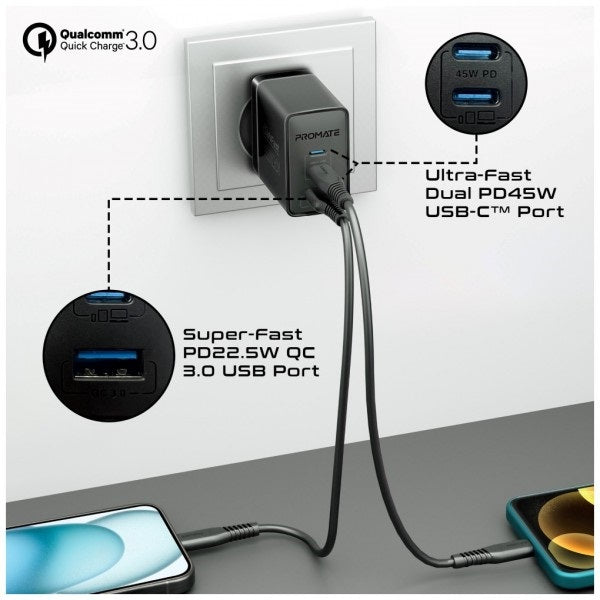 Wall Charger GaN 45W Triple Port PD QC 3.0 Black