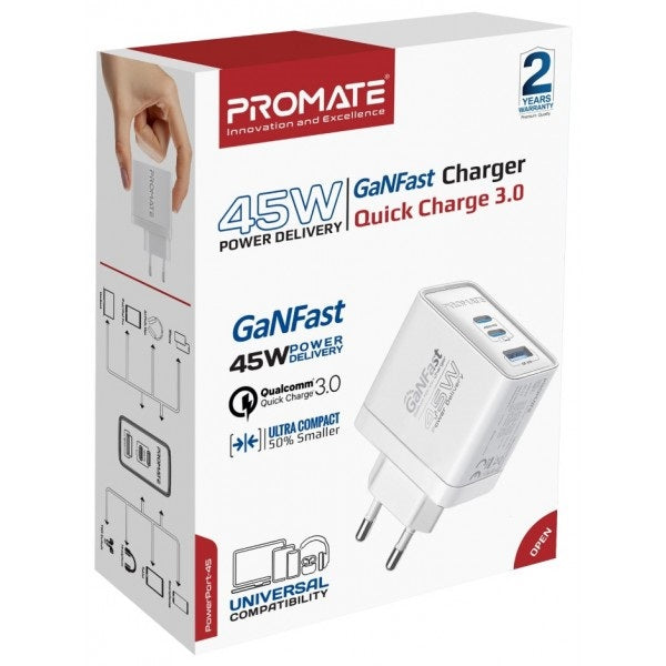 Wall Charger GaN 45W Triple Port PD QC 3.0 White