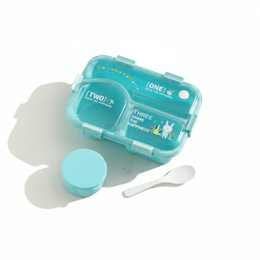 Cute Rabbit Rectangle Three-Compartment Bento Box / Blue 900Ml