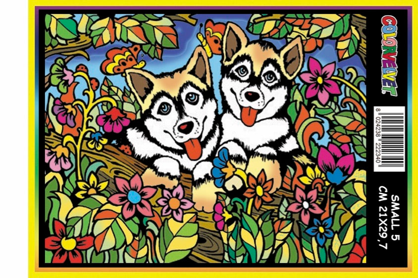 Coloring Velvet Small Picture A4 (Husky Dogs) W/Coloring Pens