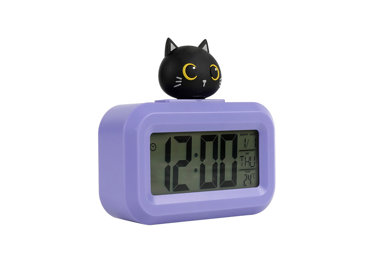 Digital Alarm Clock Black Cat Purple