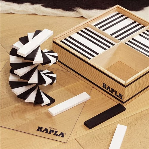 Construction Game With 100 Wooden Blocks Black And White in a Wooden Case