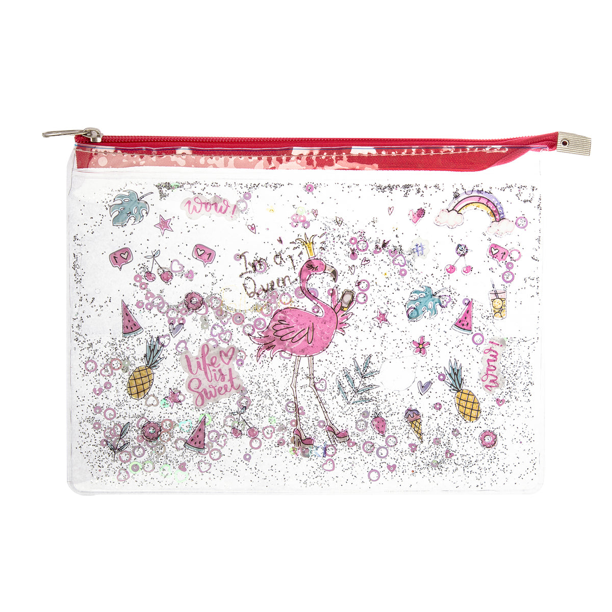 Glittery Water Bag Transpartent With Zipper A5 Flamingo