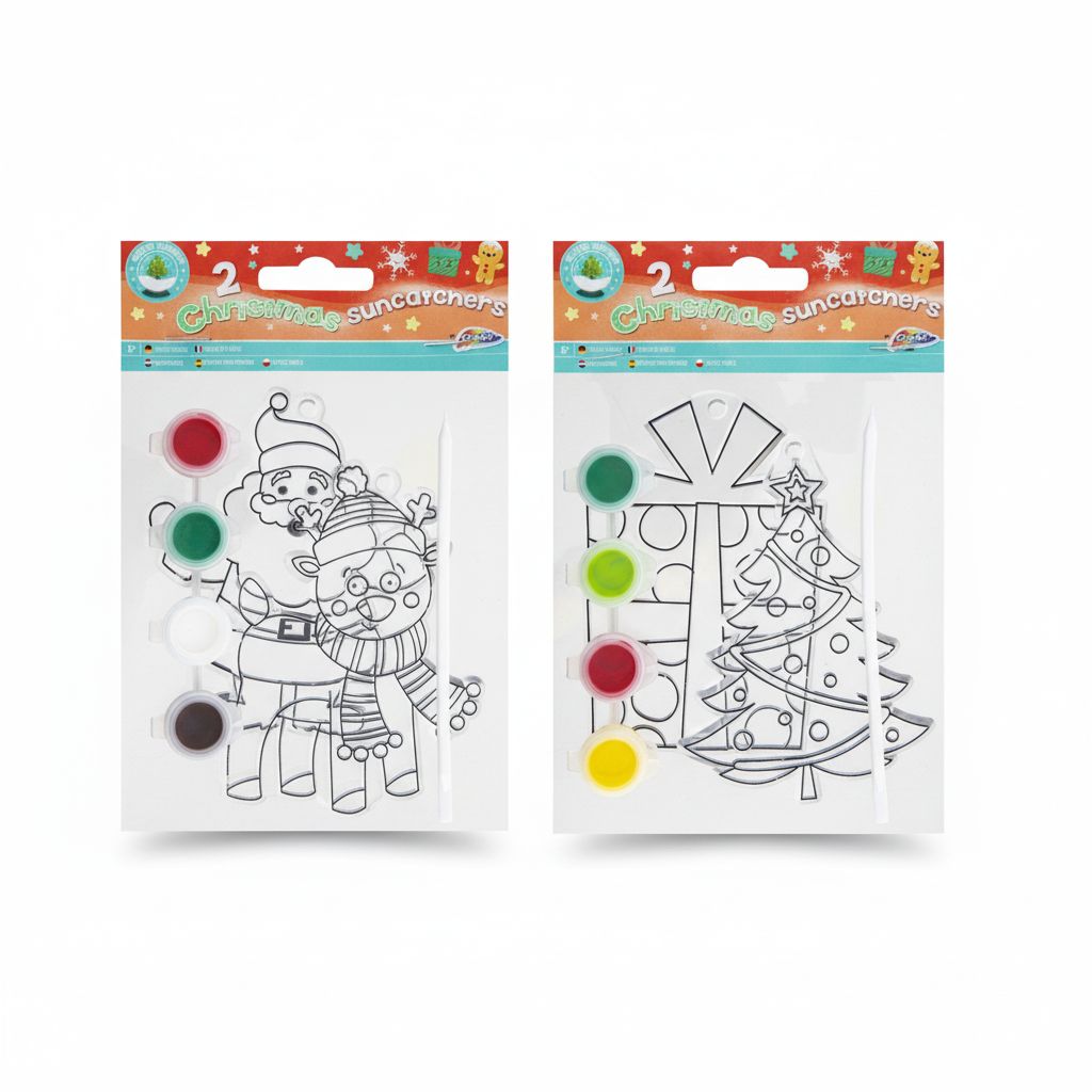 Christmas SunCatchers Set Of 2 Pcs &amp; 4Clrng Paints + 1 Brush Assorted