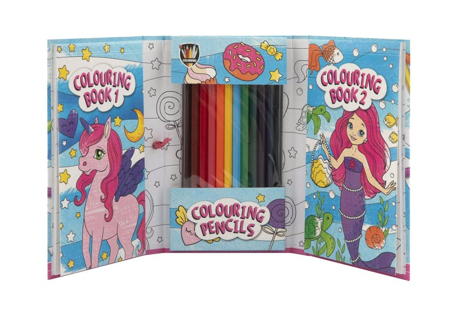Colouring Travel Set For Girls Of 2 Books &amp; 12 Clrng Pencils